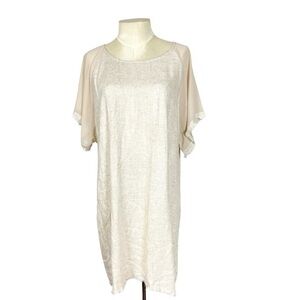 Umgee linen blend dress size M oatmeal Sheer sleeves pockets fringe hem